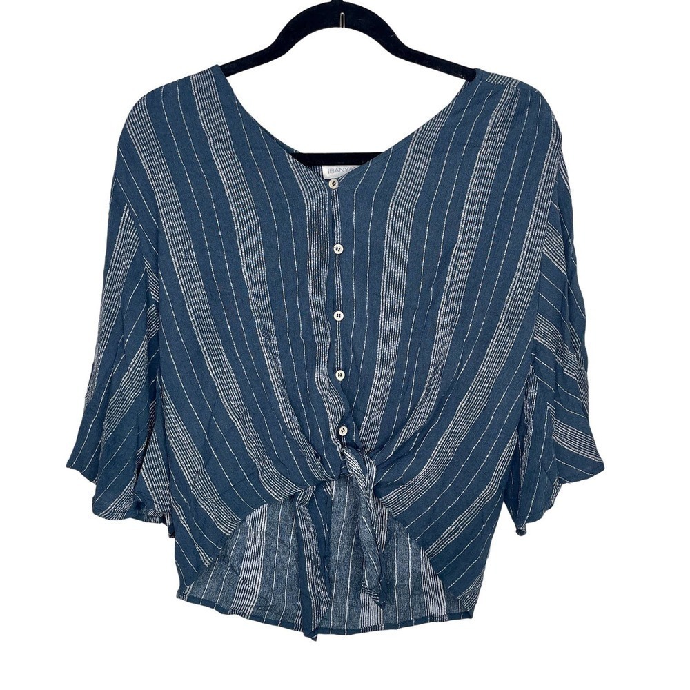 Banyan Tree Blue Cropped Flowy Tie Boho Flutter Sleeve Top Shirt Size Large